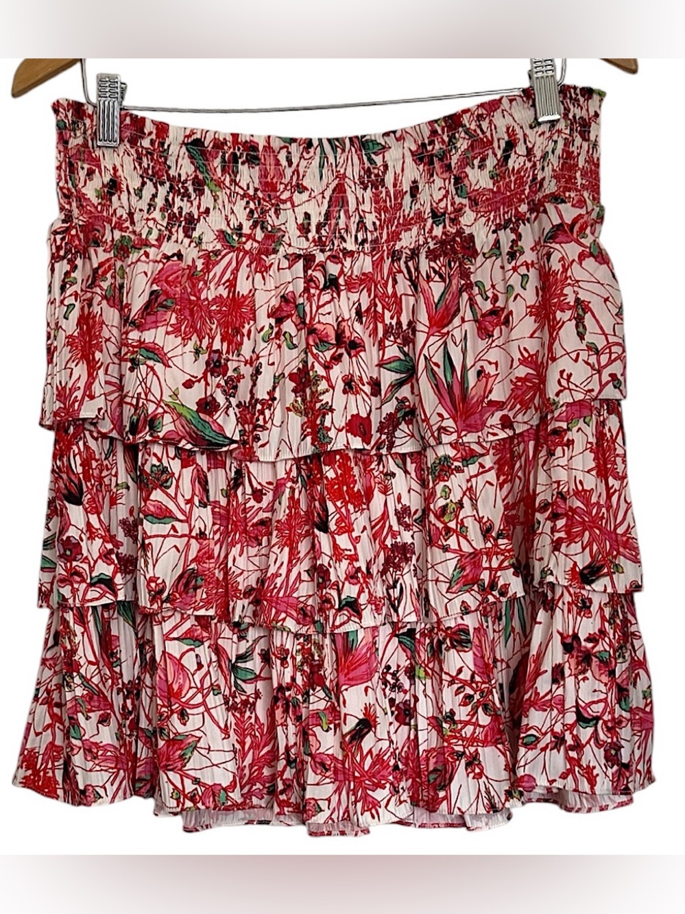 Anthropologie Women’s Size XL Pink Green Floral Tired Mini Skirt Elastic Waist